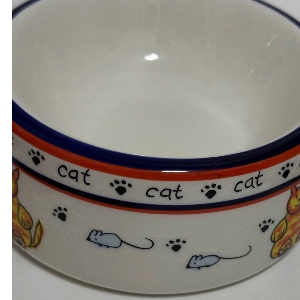 VTG Over and‎ Back Inc Ceramic Cat Bowl White Blue Red Mice Paw Prints 5